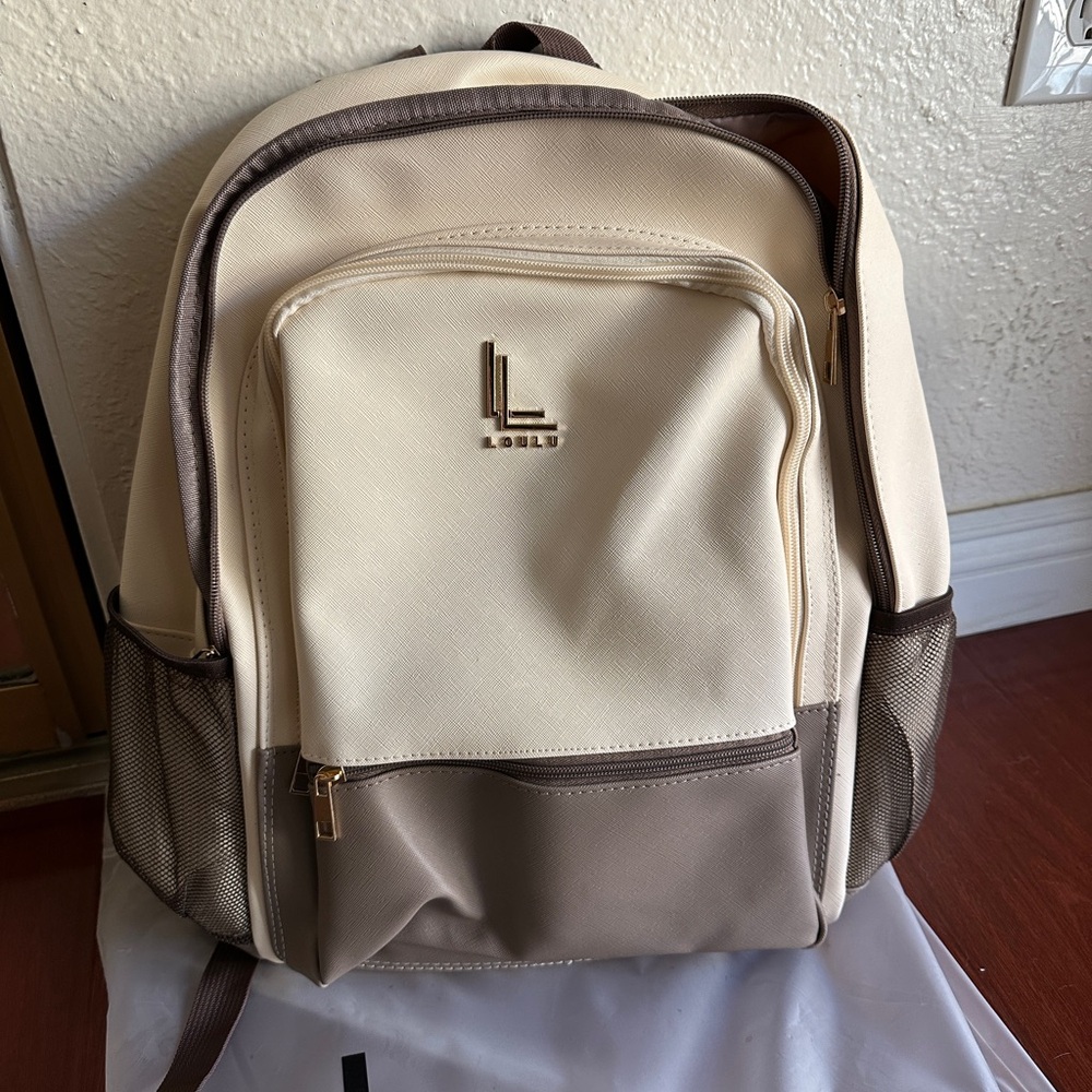 🆕 Loulu Backpack Cream Colored Brown Accents Laptop Sleeve Multiple Pockets - Picture 2 of 7